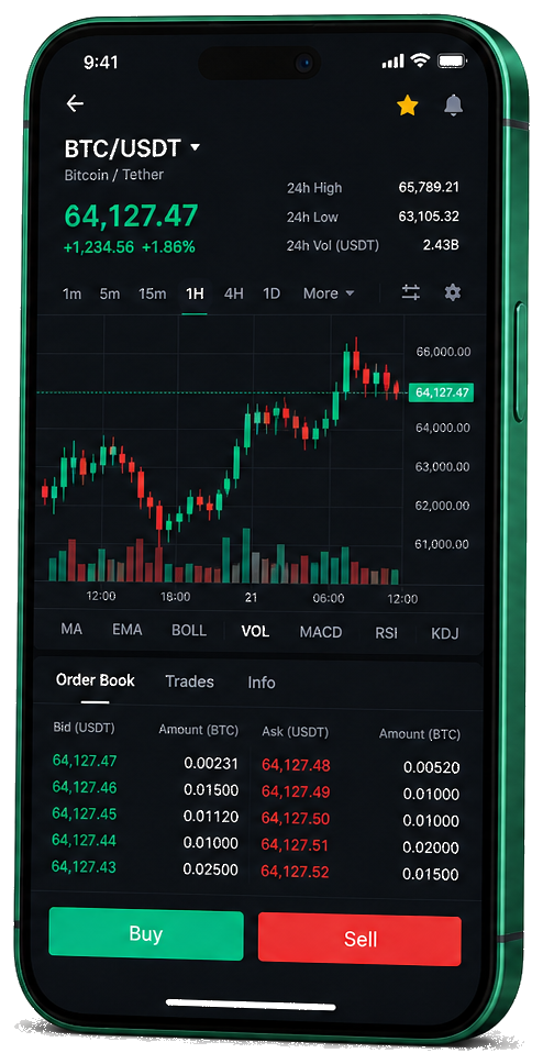 Interface mobile de trading Volare Alto — cours BTC/USDT en temps réel, carnet d’ordres et outils de suivi des opérations